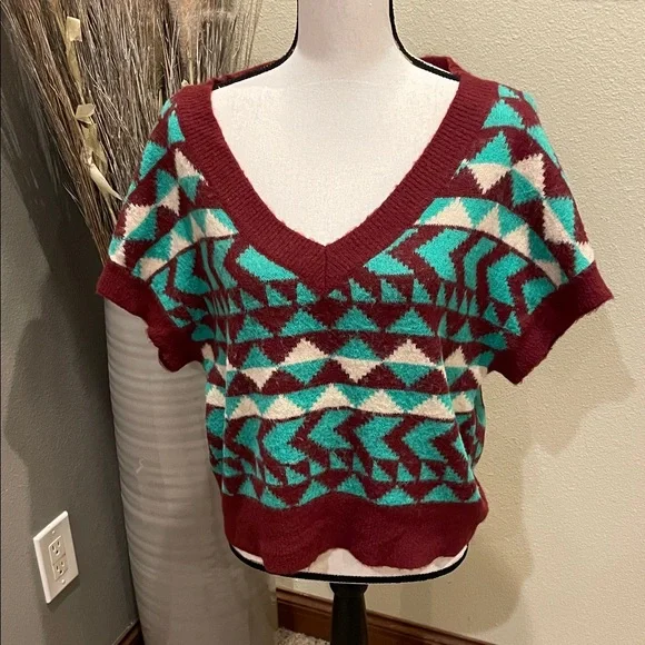 Free People Through The Motions Vest Green & Burgundy Brown Oversized Size Small - Picture 2 of 8